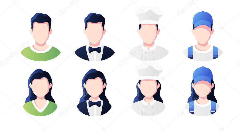 Profession, occupation people avatars set. Waiter, cook, deliveryman, plumber. Profile picture icons. Male and female faces. Cute cartoon modern simple design. Flat style vector illustration.