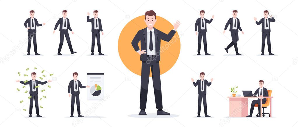 Businessman set isolated. Man in the workplace. Office worker in suit. Cartoon people in different poses and actions. Cute male character for animation. Simple design. Flat style vector illustration.