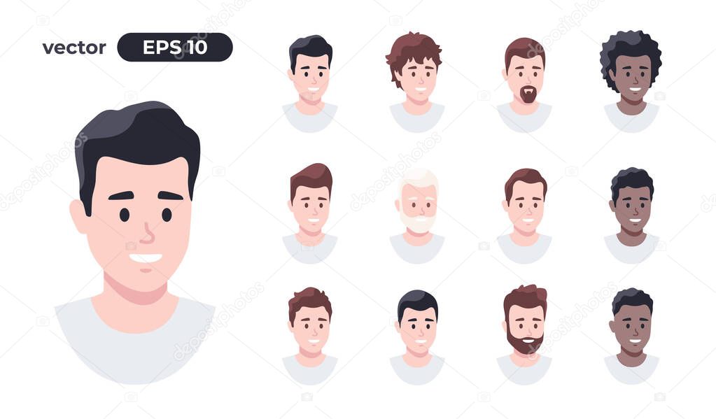 Human faces set. Man hair collection. Character face elements. Emotions: smiling, screaming. Cute cartoon people. Simple cartoon design. Simple design. Flat style vector illustration.