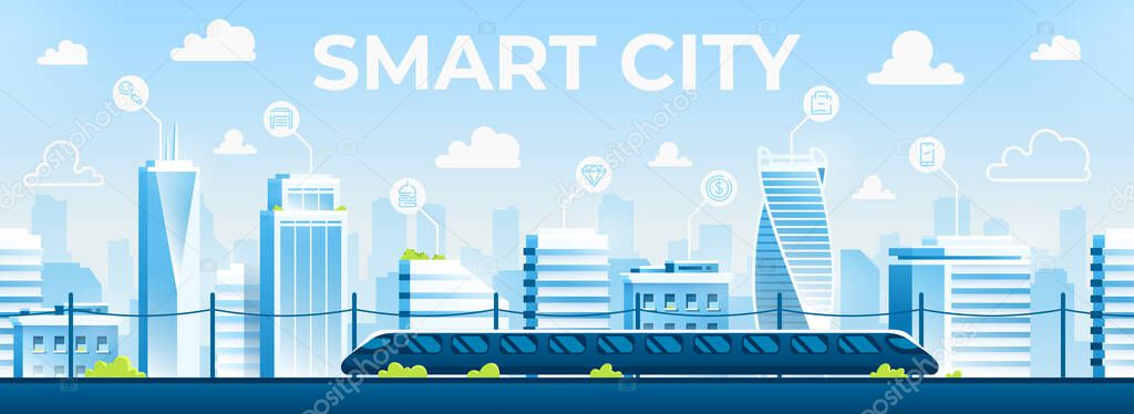 Seamless city landscape. Cityscape with buildings. Urban silhouette. Beautiful background template. Modern smart city with layers. Cartoon design. Flat style vector illustration.