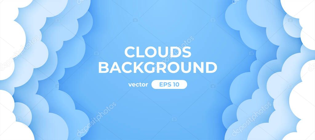 Blue sky with white clouds background. Border of clouds. Paper cut. Simple cartoon design. Banner, poster, flyer template. Flat style vector eps10 illustration.