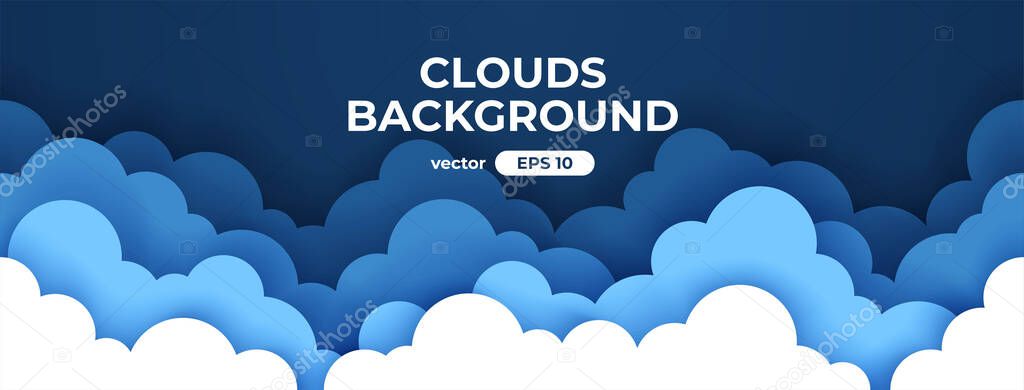 Blue sky with white clouds background. Seamless border of clouds. Paper cut. Simple cartoon design. Banner, poster, flyer template. Flat style vector eps10 illustration.