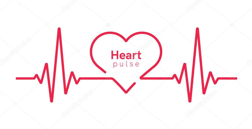 Heart pulse. Heartbeat line, cardiogram. Red and white colors. Beautiful healthcare, medical background. Modern simple design. Icon. sign or logo. Flat style vector illustration.