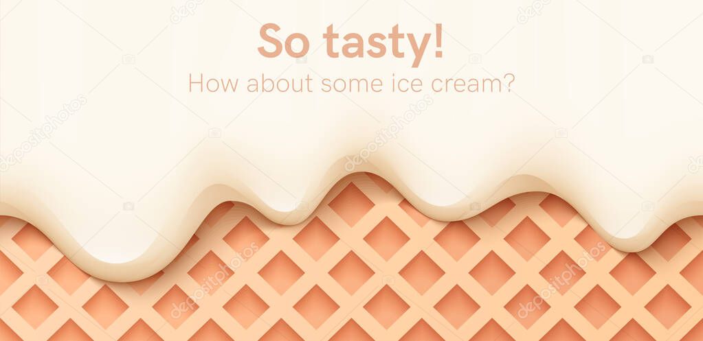 Seamless creamy liquid, yogurt cream, ice cream or milk melting and flowing on a waffle. Burgundy cherry creamy drips. Simple cartoon design. Background for banner. Realistic vector illustration.