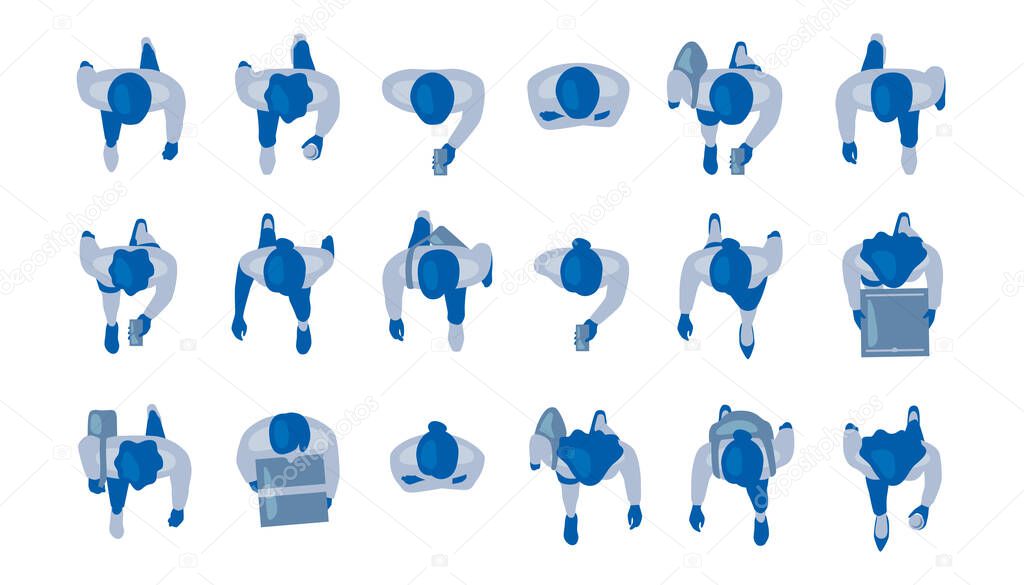 Top view of people set isolated on a white background. Men and women. View from above. Male and female characters. Simple flat cartoon design. Realistic vector illustration.