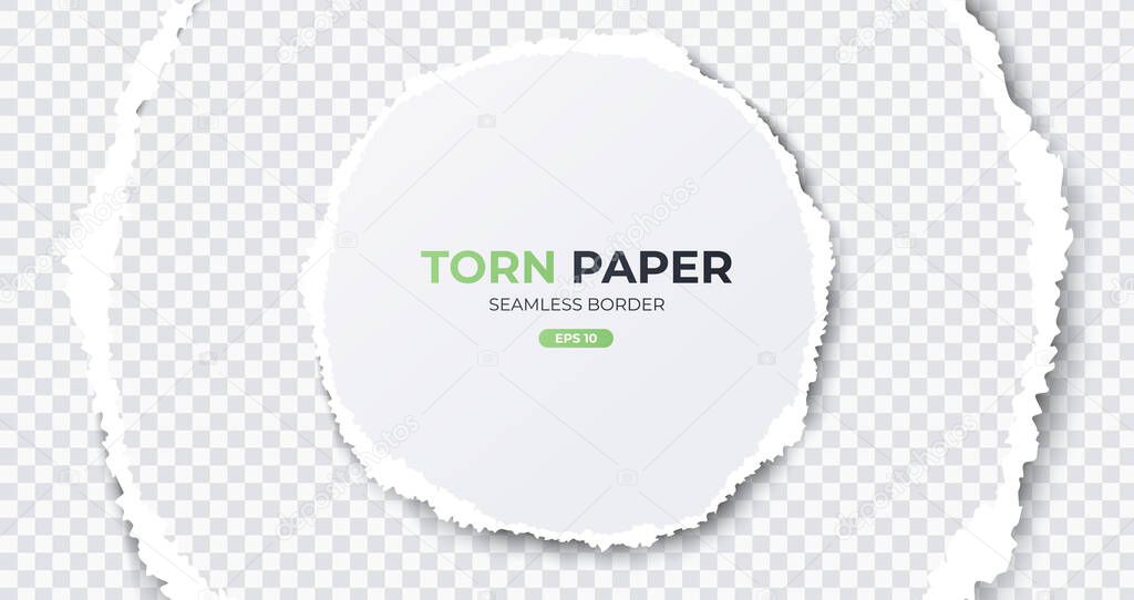 Seamless torn ripped paper layered isolated. Round paper scrap. White color. Transparent background. Realistic template. Simple modern design. Flat style vector illustration.