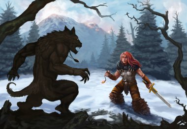 Karla kaplı bir dağ manzarasında savaşmaya hazır kurt adam ve savaşçı tasviri.