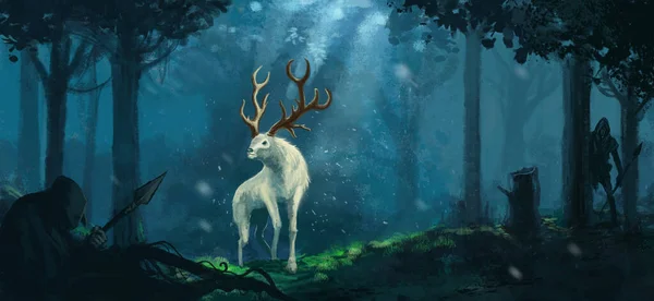 Illustration Une Créature Fantasmée Wapitis Dans Une Forêt Magique Poursuivie — Photo