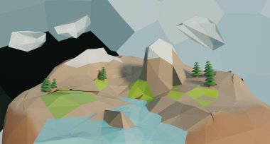 3D Low-Poly soyut çizgi film dağ manzarası içinde nehir akıyor - dijital modelli illüstrasyon