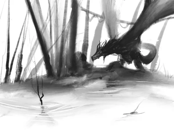 Digital black and white drawing of a dragon in a swampy environment flapping its wings - digital fantasy illustration