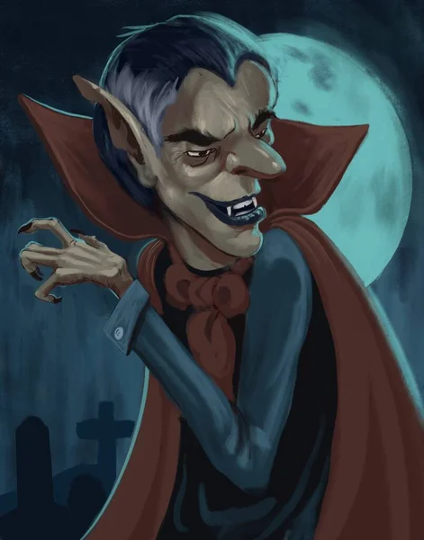 Illustration of cartoon vampire creature in stalking a graveyard at night in the moonlight - digital fantasy painting