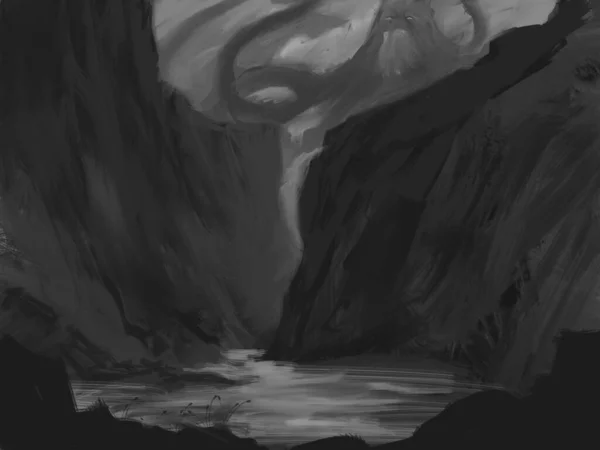 山溪中出现的巨大触角生物的黑白概念画 数字幻想图解 — 图库照片