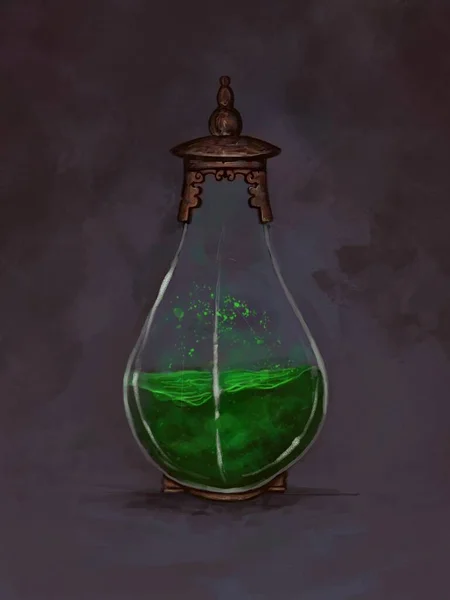 魔法の緑のポーションで満たされた空想の装飾ボトルのデジタル絵画 デジタルファンタジーイラスト — ストック写真