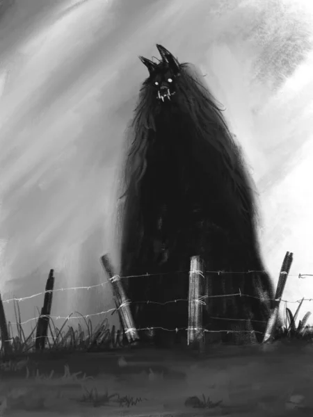 Digital Drawing Furry Creature Fangs Standing Farmers Fence Line Thinking — Stock Photo, Image