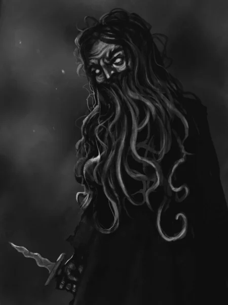 digital drawing of a horrible tentacle man with a curved dagger threatening the viewer - digital fantasy illustration