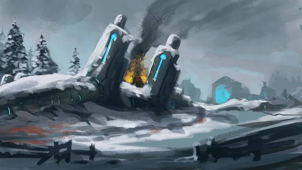 digital painting of a snowy sci-fi horror environment with a character committing a terrible act - digital science fiction illustration