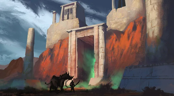 Digital painting of a traveler with a sword approaching a mysterious temple gate emitting glowing green mist - fantasy illustration