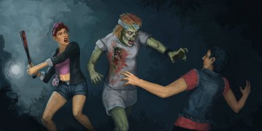 Zombi bir yaratık güçlü kız arkadaşıyla ormanda genç bir adamı kovalıyor. Günü kurtarıyor. Dijital fantezi tablosu.