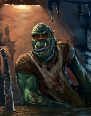 Orc butcher in his shop waiting for an adventurer to make a choice - Digital fantasy painting clipart