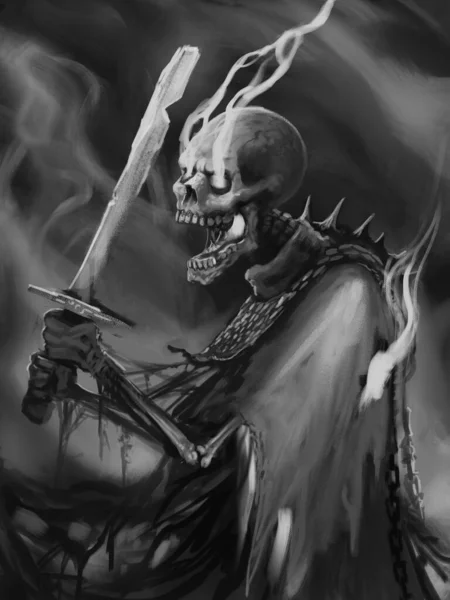 Undead skeleton creature in a cloak with a broken sword and magic light swirls - digital fantasy painting