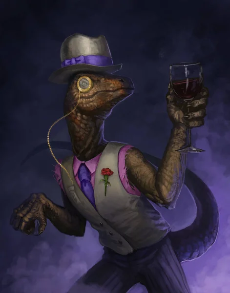 Dapper Antropomórfico Velociraptor Vestindo Chapéu Superior Monóculo Segurando Copo Vinho — Fotografia de Stock