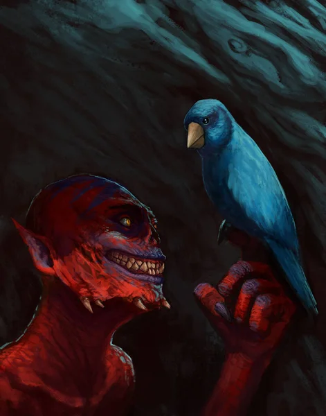 Criatura Demoníaca Con Pájaro Dedo Contemplando Destino Las Opciones Pintura — Foto de Stock