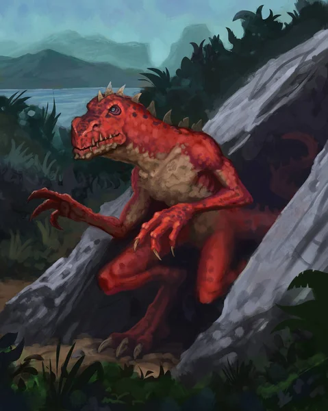 Red dinosaur creature in a lush tropical environment hangs out in his cave entrance - digital fantasy painting