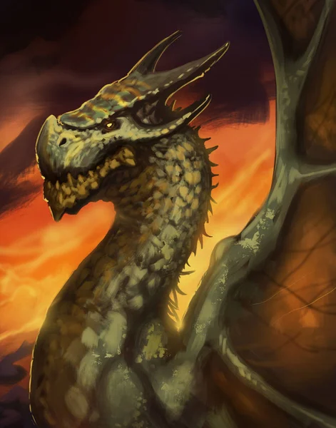 Green reptilian dragon Portrait in front of a blazing inferno - digital fantasy painting