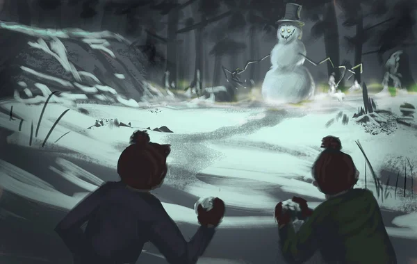Двоє Дітей Зимовому Одязі Кидають Сніжки Небезпечну Злу Істоту Сніговика — стокове фото