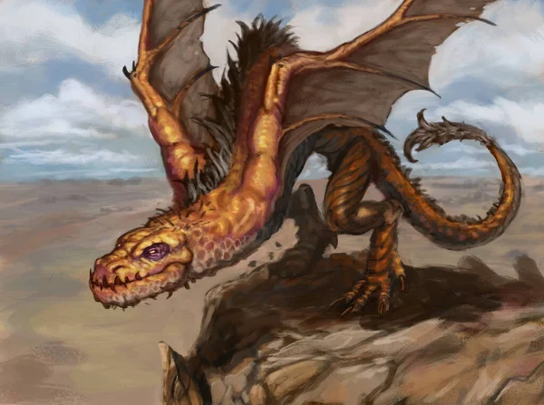 Orange Desert Dragon Spreading Its Wings Jump Cliff Fly Valley — Stock Photo, Image