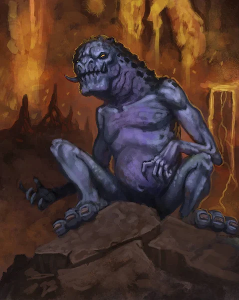 Criatura Demônio Azul Roxo Uma Caverna Subterrânea Com Fluxos Lava — Fotografia de Stock