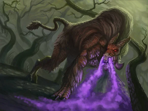 Purple cloud breathing fantasy animal posing in the woods - digital fantasy painting