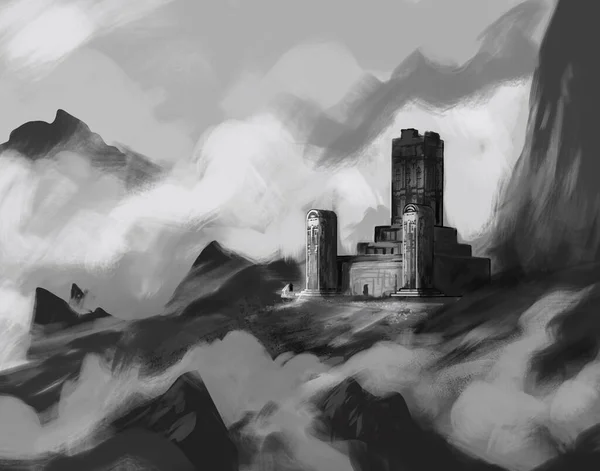 Mysterious Castle Rocky Foggy Mountain Top Digital Fantasy Landscape Painting — Stock Photo, Image