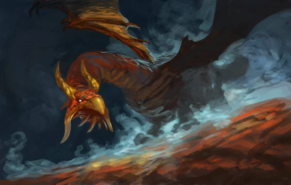 Красный Дракон Окутанный Голубым Волшебным Туманом Цифровая Фэнтези Картина — стоковое фото