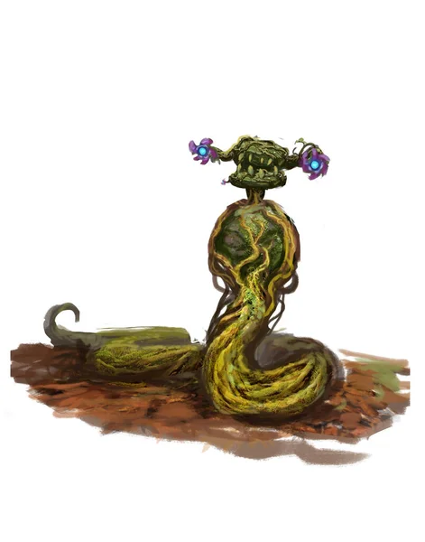 用白色背景隔离的神奇苔藓状蛇岩生物 数字奇幻画 — 图库照片