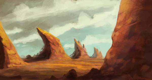 Βραχώδεις Σχηματισμοί Ερήμου Ένα Απομακρυσμένο Μέρος Ενός Φανταστικού Κόσμου Ψηφιακή — Φωτογραφία Αρχείου