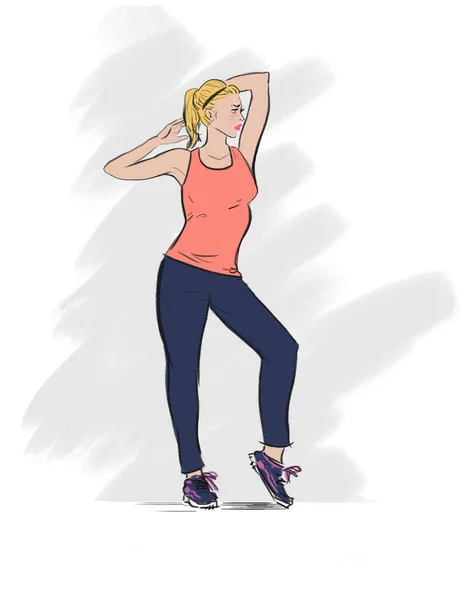 Drawing Caucasian Woman Doing Pre Workout Stretch Fitness Apparel — Stock Photo, Image