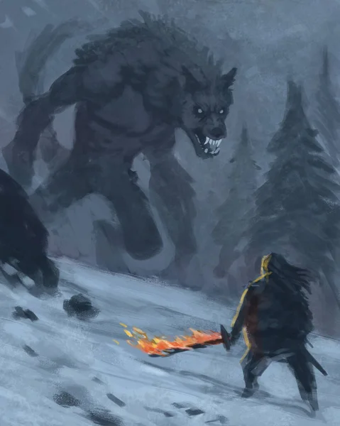凍った夜の環境で狼と対峙する魔法の炎の剣を持つ戦士のイラスト デジタルファンタジー絵画 — ストック写真