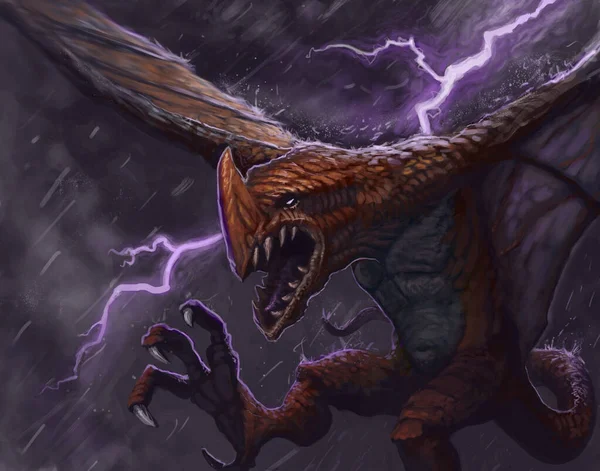 Dragon Flying Thunderstorm Screaming Anger Digital Fantasy Painting — Stock Photo, Image