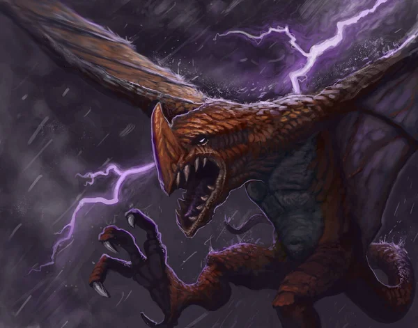 Dragon flying in a thunderstorm screaming in anger - Digital fantasy painting