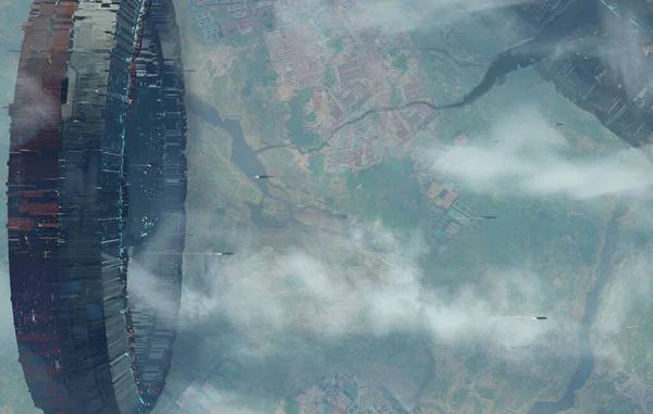 大都市の上空に浮かぶ巨大な宇宙ステーションの3Dイラスト デジタルファンタジー3Dアート — ストック写真