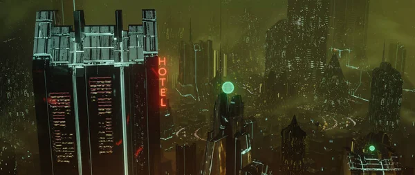 Sci Dystopian Future Hotel Smoggy Dark Green Overcast City Glowing — Stock Photo, Image