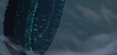Gökyüzünde süzülen dev uzay istasyonunun üç boyutlu bir çizimi büyük bir şehrin üzerinde - dijital fantezi 3D resim