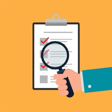 Büyüteçle el ele tutuşmak. ve kontrol listesi panosu. Düz tasarım vektör illüstrasyon simgesi .