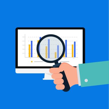 Grafiğin üzerinde büyüteçle. Veri Analizi Tasarımı - Masaüstü Düz Vektör Tasarımı