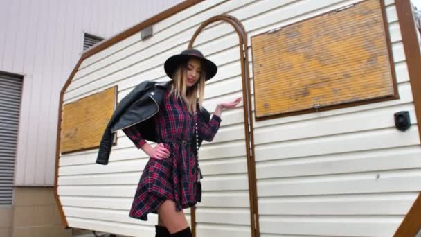 Girl Posing Seaport Yachts Walks Short Dress Hat High Boots — Stock Video