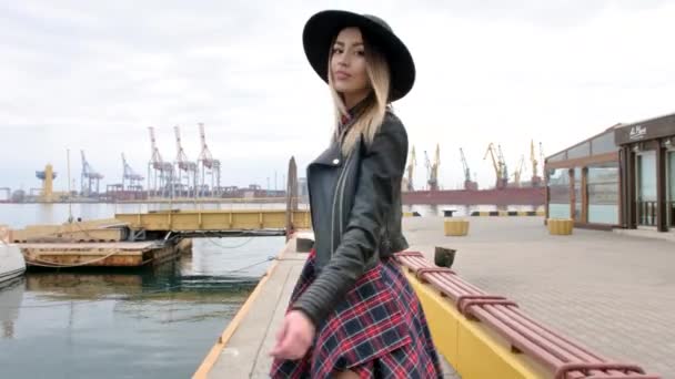 Girl Posing Seaport Yachts Walks Short Dress Hat High Boots — Stock Video