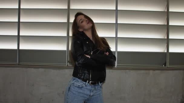 Sexy Girl Red Lace Underwear Leather Jacket Posing — Stock Video