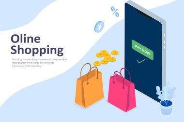 Cep telefonu ve alışveriş torbaları ile çevrimiçi alışveriş veya mobil alışveriş kavramı