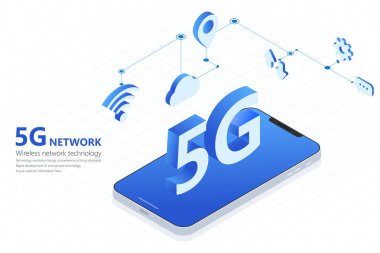 5G kablosuz ağ teknolojisi vektör çizimi, büyük harf 5G ve akıllı telefon izometrik, mobil internet konsepti, dijital servis